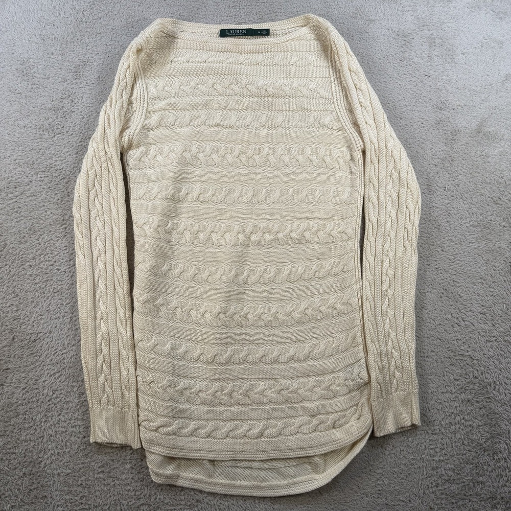 Lauren Ralph Lauren Sweater Womens Medium Cream Cable Knit Long Pullover